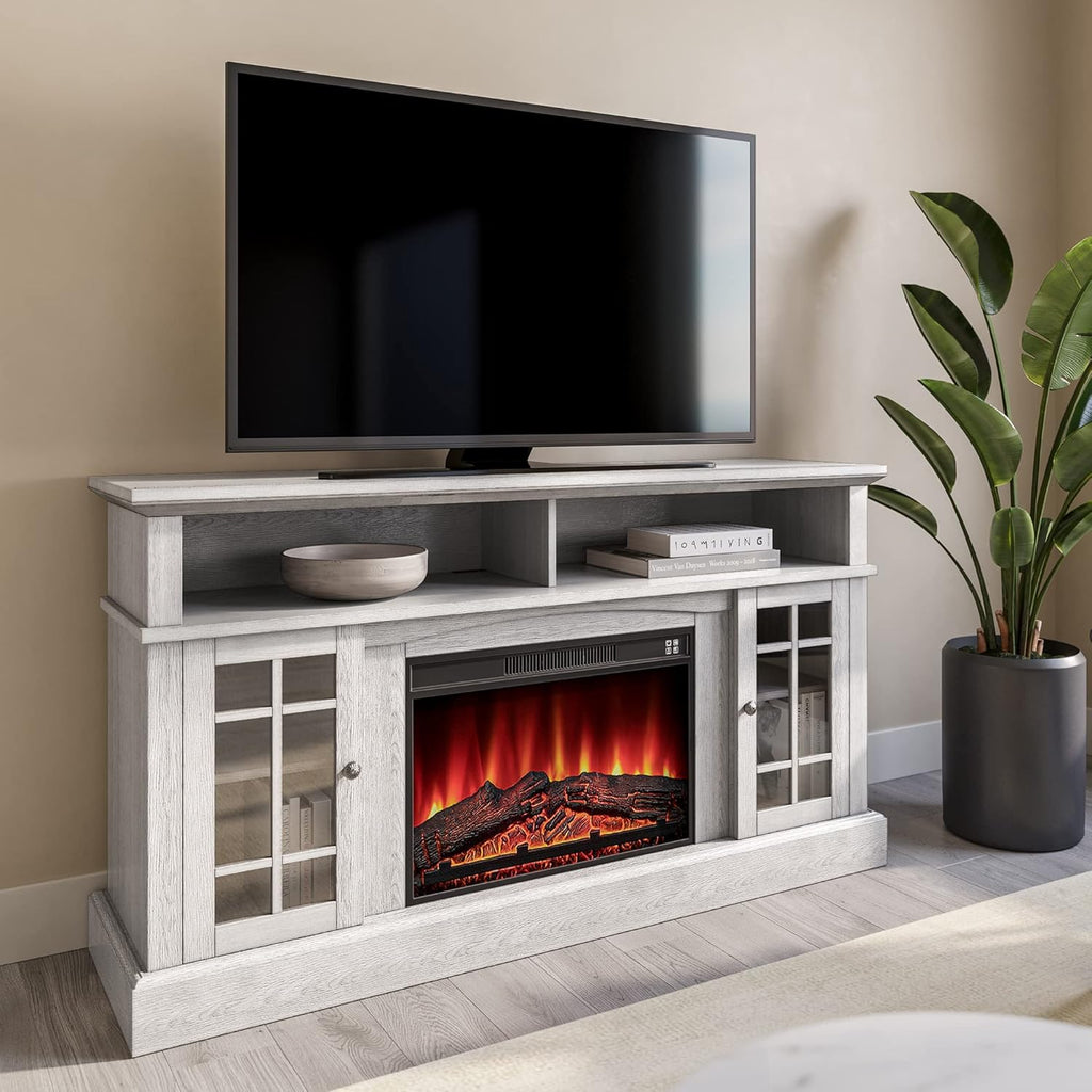 Rustic Electric Fireplace TV Stand with Open Storage Shelves & Cabinets R865