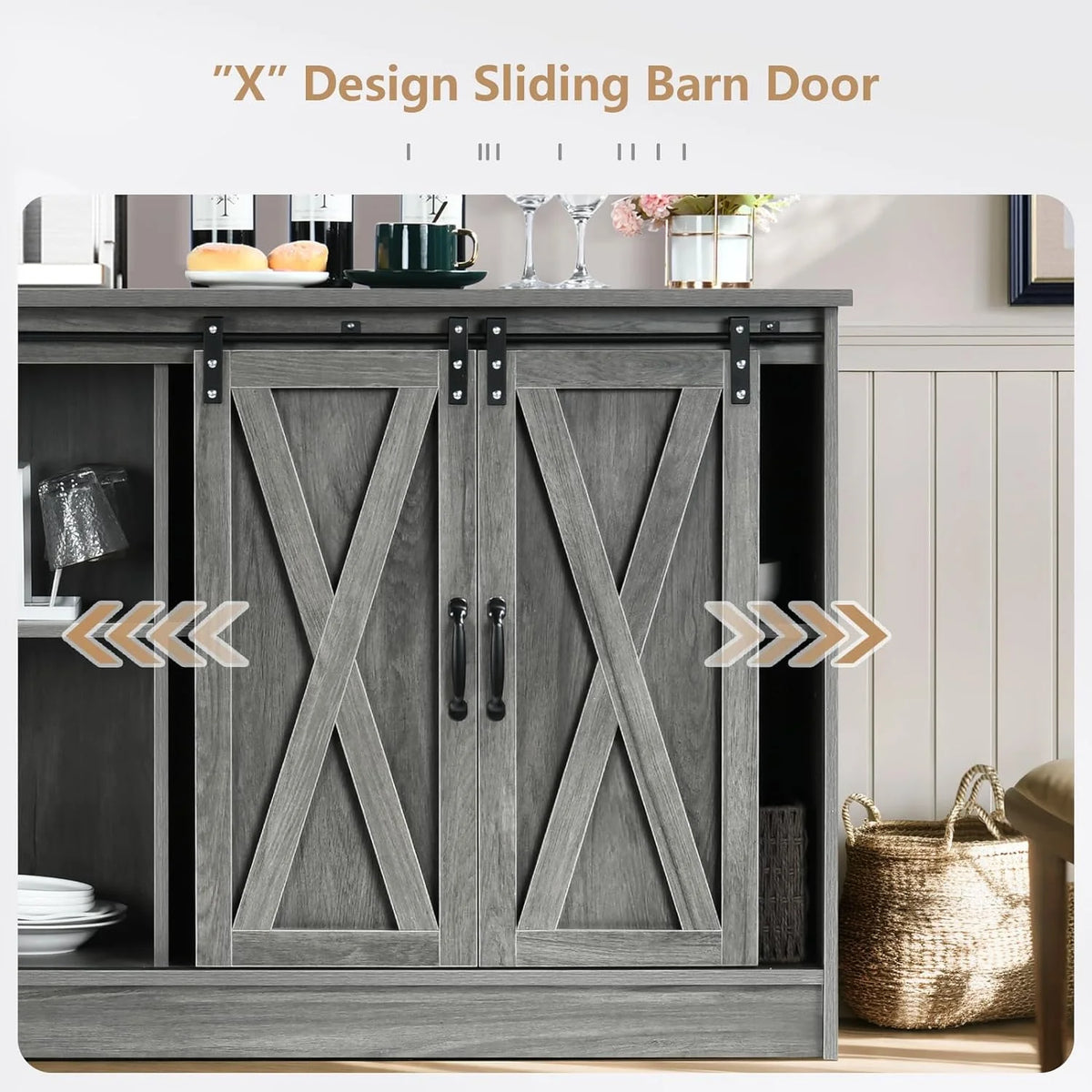 Wash Gray Coffee Bar Cabinet with Sliding Barn Doors L32508