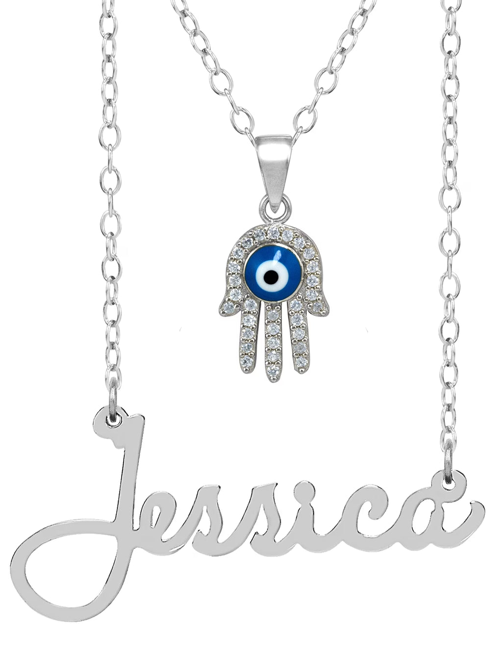 Sterling Silver Nameplate Necklace With Hamsa, 18 inch Link Chain V3918
