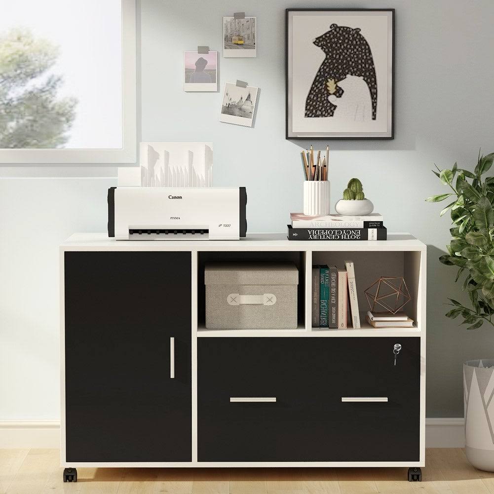 White/Black Mobile Lateral File Cabinet with Lock and Wheels K13391