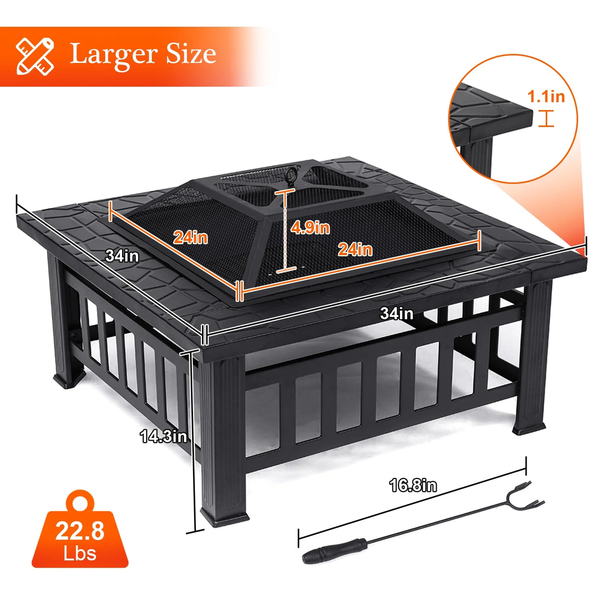32 inch Square Metal Fire Pit Table with Cover T831383
