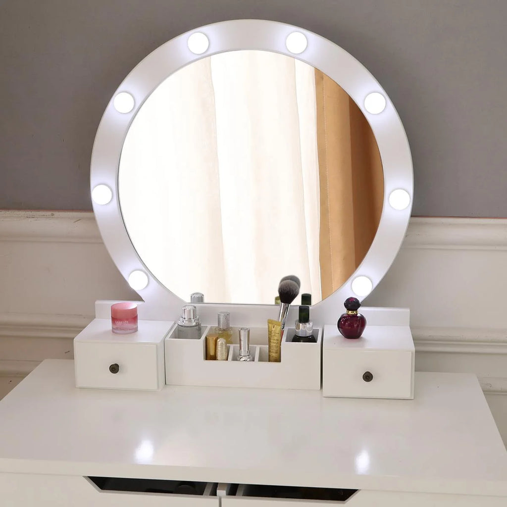 White Round Makeup Vanity Table with Lighted Mirror and Cushioned Stool H183605