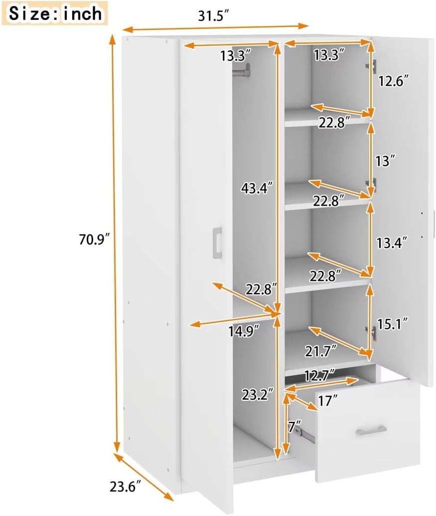 White 2 Door Wood Wardrobe with 5 Fixed Shelves and Hanging Rod Q875136