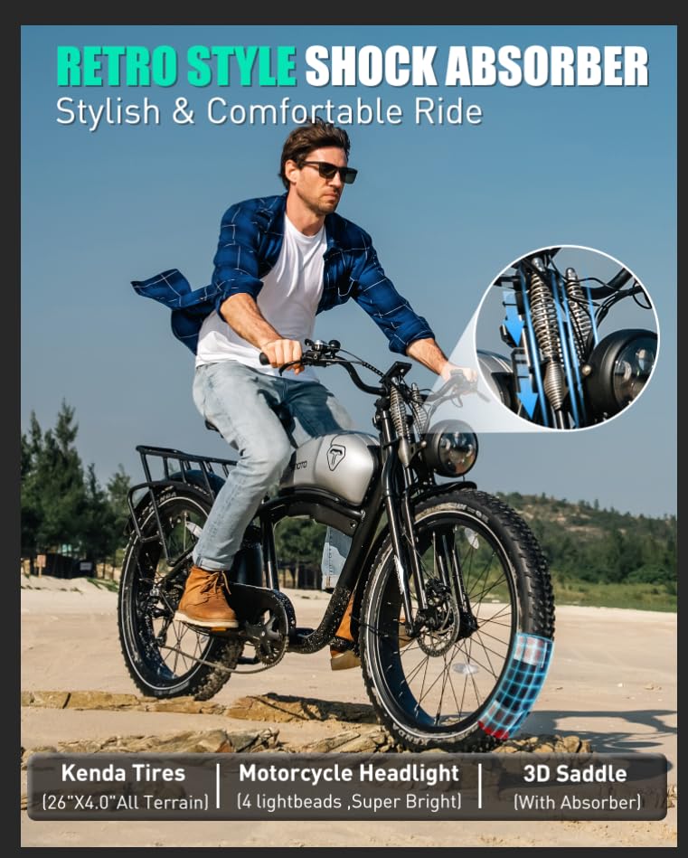 Electric Motorcycle 1500W Motor 52V 20AH 34MPH 75Mils Retro Style Moped Ebike 26"x4.0" Fat Tire Dual Hydraulic Full Suspension A46104
