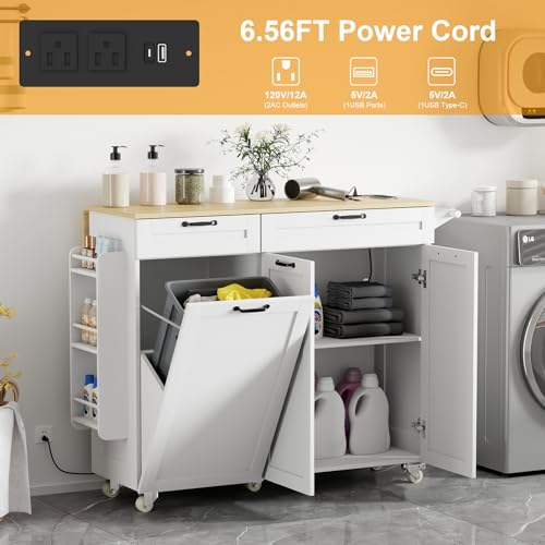 Rolling Kitchen Island with Power Outlet & Drop Leaf, Trash Storage Cabinet, Spice Rack & Towel Rack, Knife Holder B2008