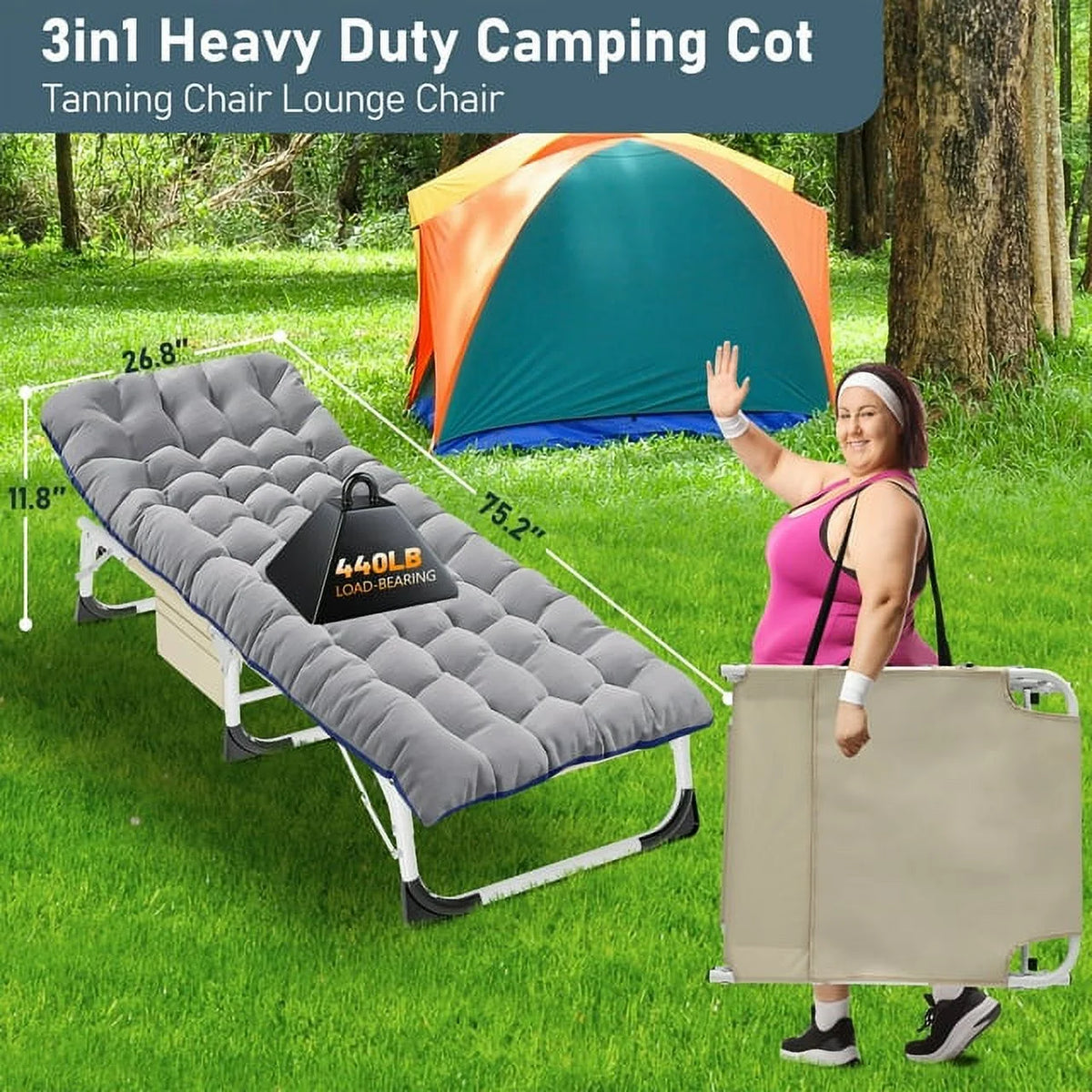 Heavy Duty Tanning Chair with Face & Arm Holes Adjustable 5-Position Folding Chaise Lounge Chair M556