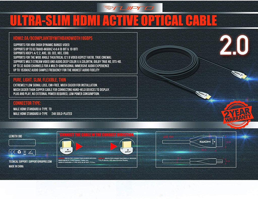 Fiber Optic HDMI Cable 65FT 4K 60FPS HDMI 2.0 18Gbps Active Optical Cable L6873