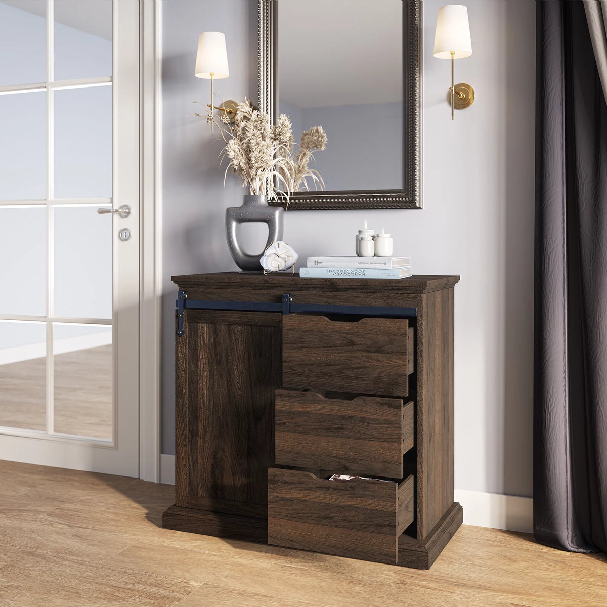 Modern Farmhouse Buffet Table with Sliding Barn Door, Three Drawers & Two Shelves O2060