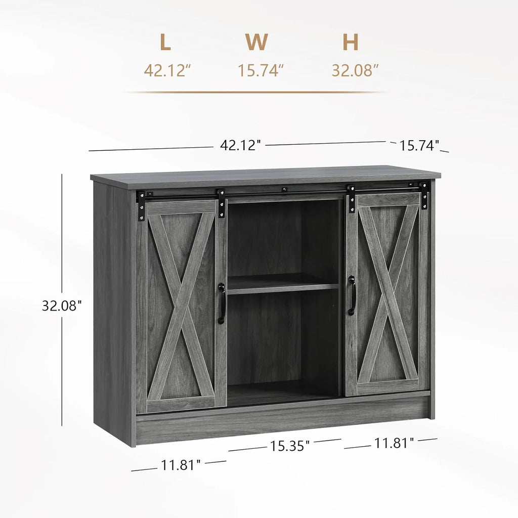 Wash Gray Coffee Bar Cabinet with Sliding Barn Doors L32508