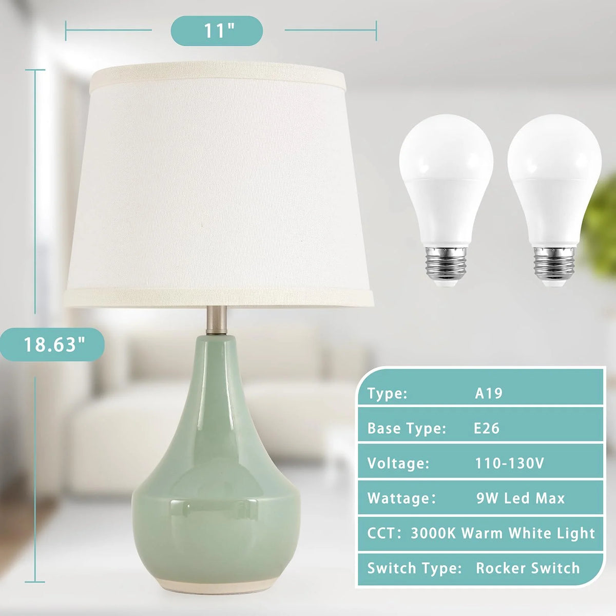 Sage Green Ceramic Table Lamp Set of 2 with Rocker Switch I8662