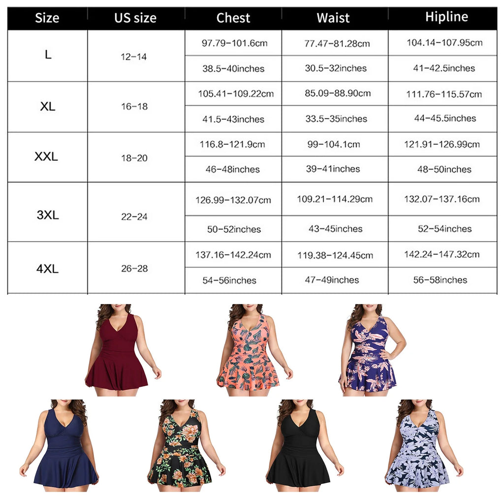 Plus-Size Flower Printing One Piece Swim Dress Tummy Control Swimsuit V465