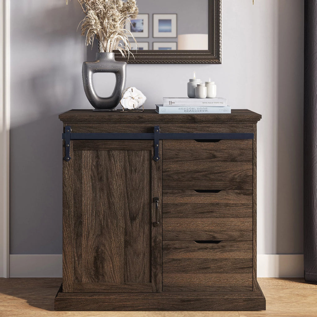 Modern Farmhouse Buffet Table with Sliding Barn Door, Three Drawers & Two Shelves O2060