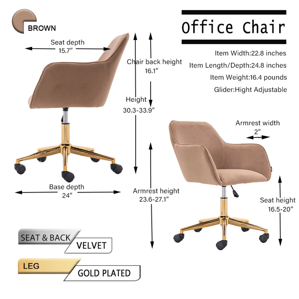 Velvet Adjustable Height Office Chair with Metal Legs and Wheels I5310