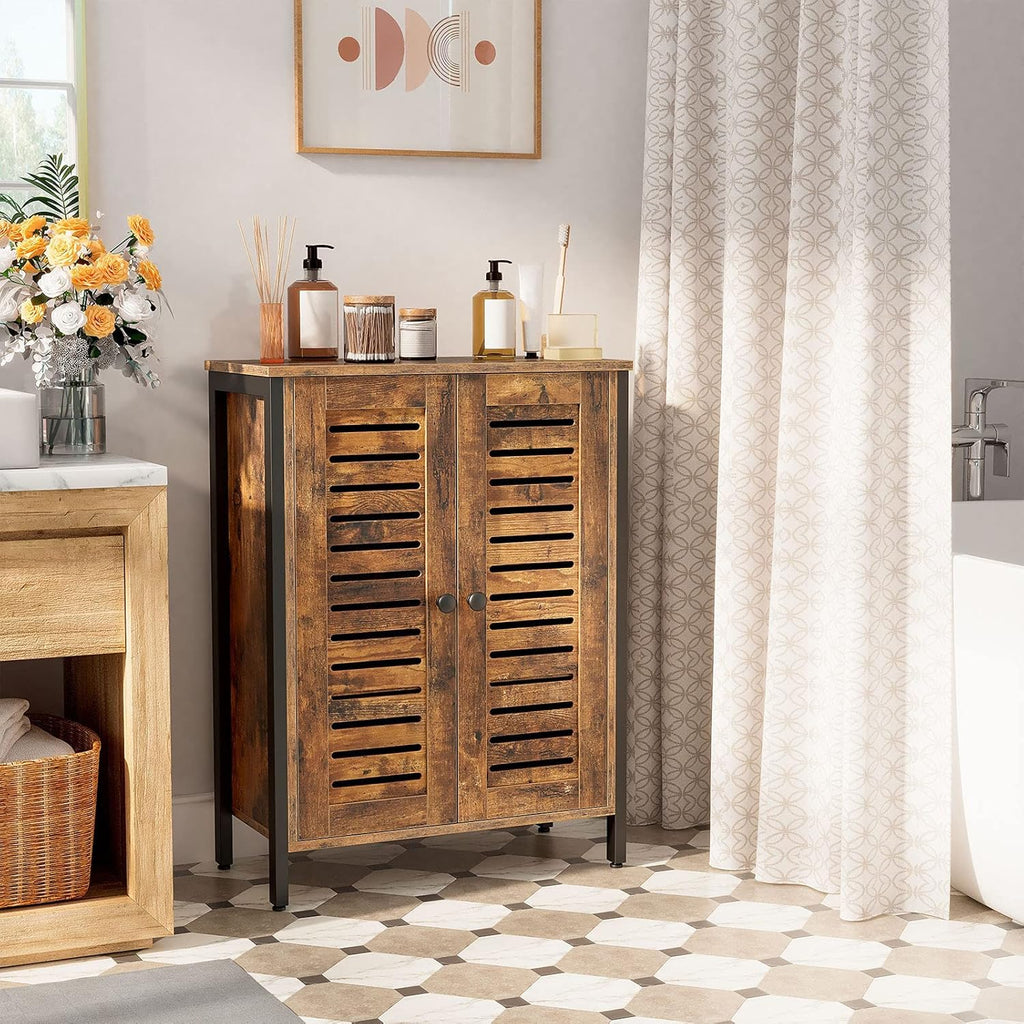 Rustic Brown Bathroom Cabinet with 2 Adjustable Shelves and Louver Doors R94024