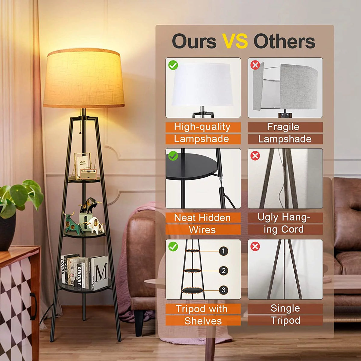 Black Tripod Floor Lamp with Shelves O78510