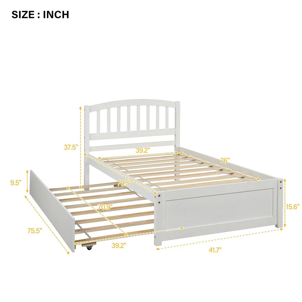 Twin Size White Wood Platform Bed with Trundle D818212