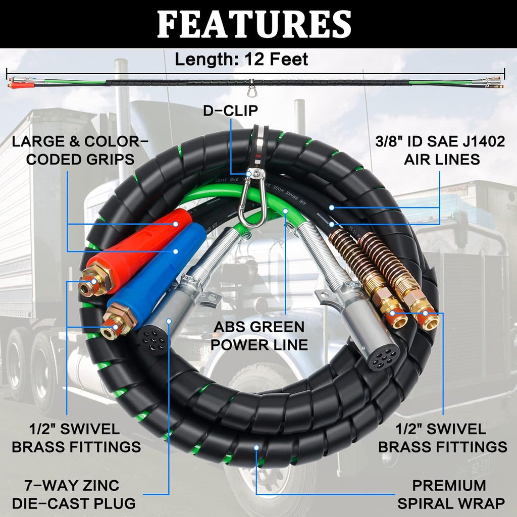 12 FT Semi Truck Air Hose Kit with Glad Hands A485