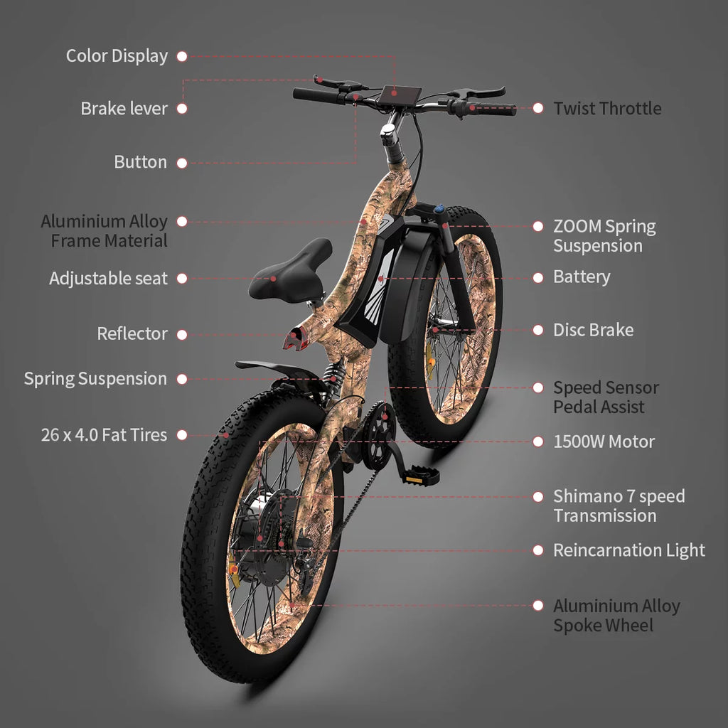 26 1500W Fat Tire Electric Bike 48V 15AH Removable Lithium Battery Full Suspension Mountain Bicycle T9052