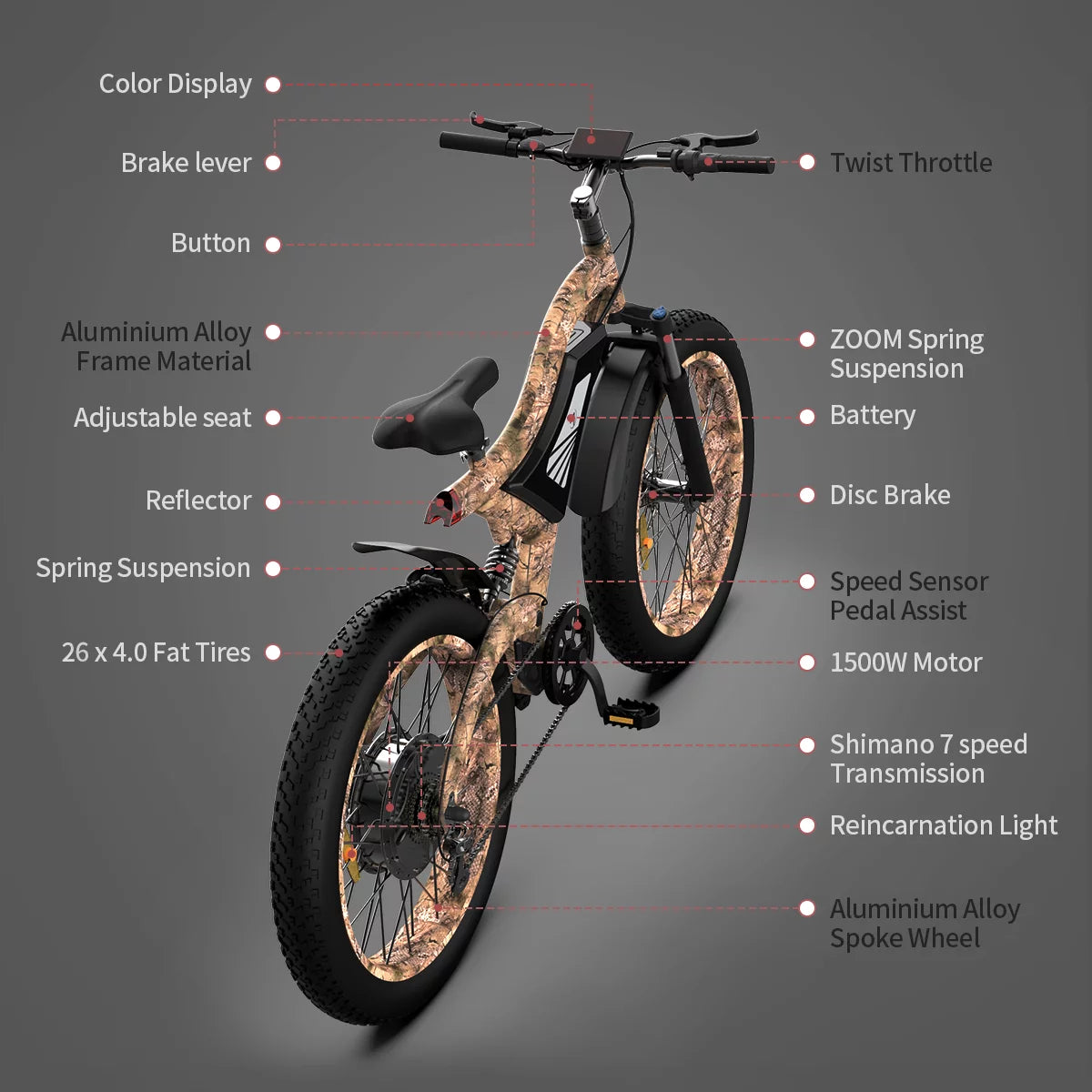 26 1500W Fat Tire Electric Bike 48V 15AH Removable Lithium Battery Full Suspension Mountain Bicycle T9052