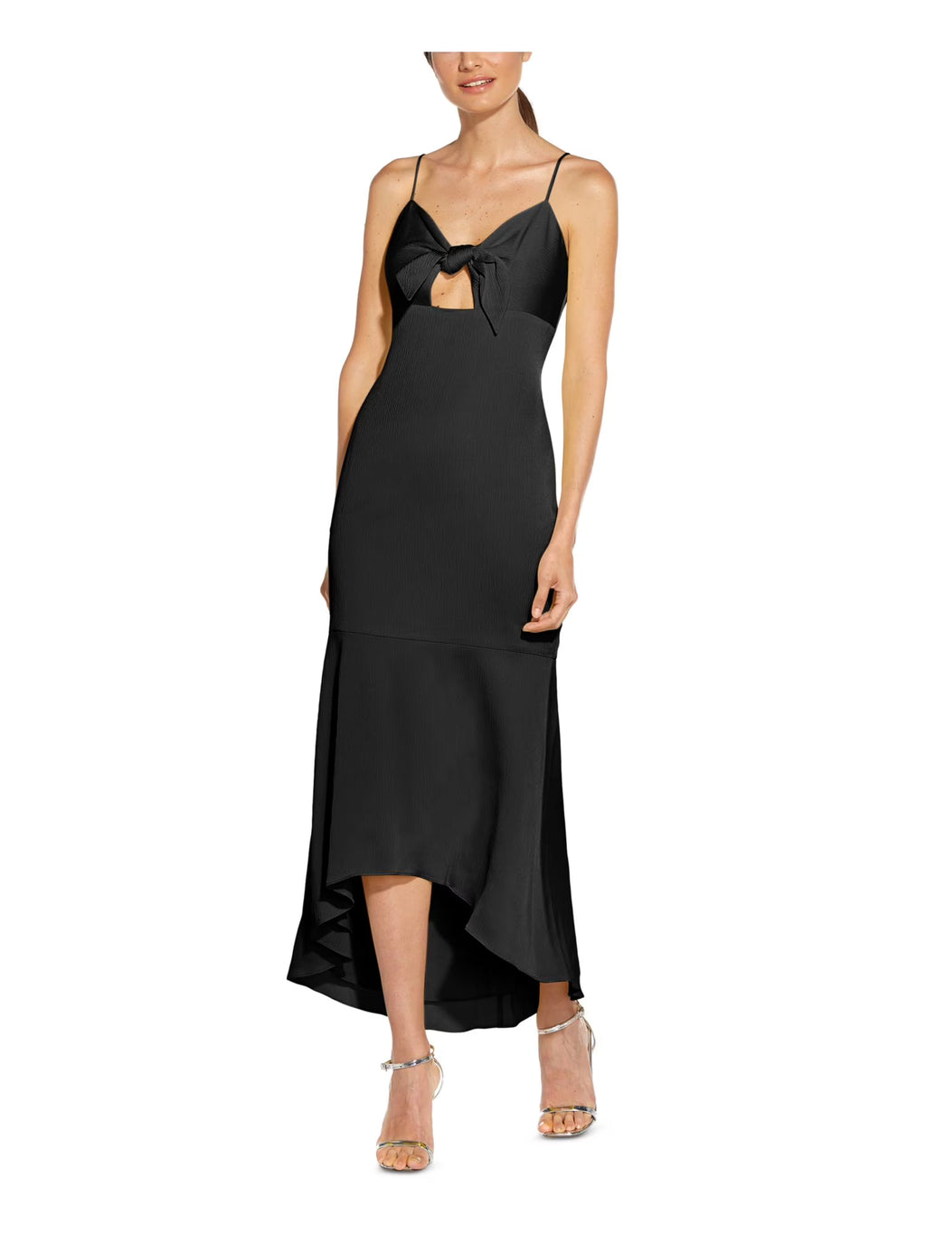 Black Cut Out Tie V-back Zippered Sleeveless Sweetheart Neckline Midi Hi-Lo Dress Y296786