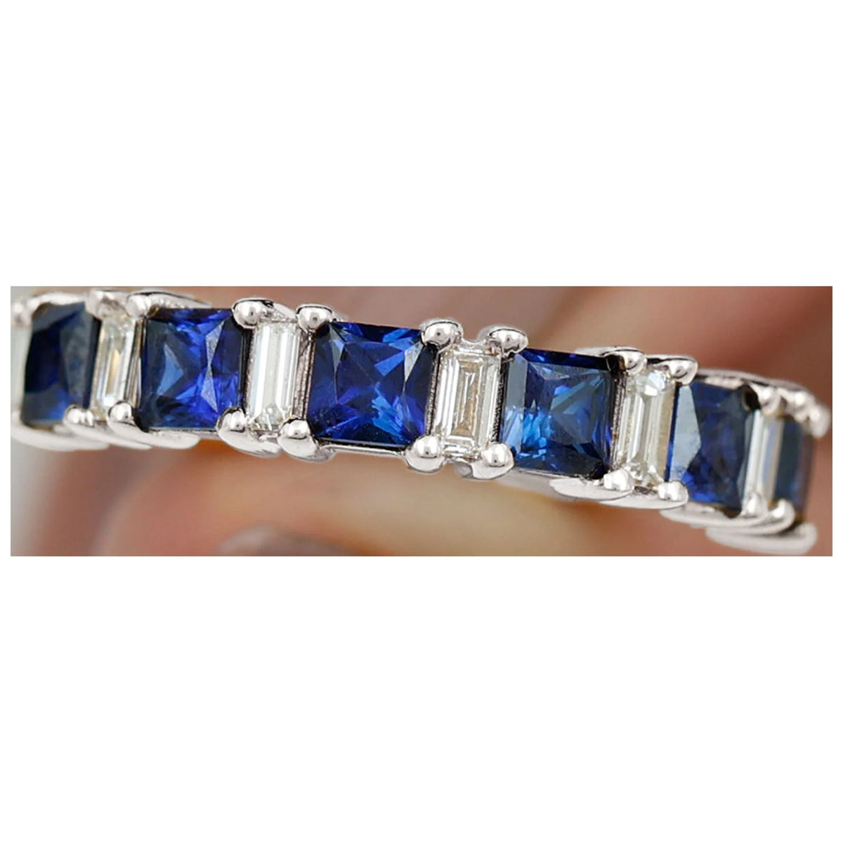 Lab Created Blue Sapphire Half Eternity Ring with Diamond - 2 CT, 14K White Gold, US 6.00 W64887