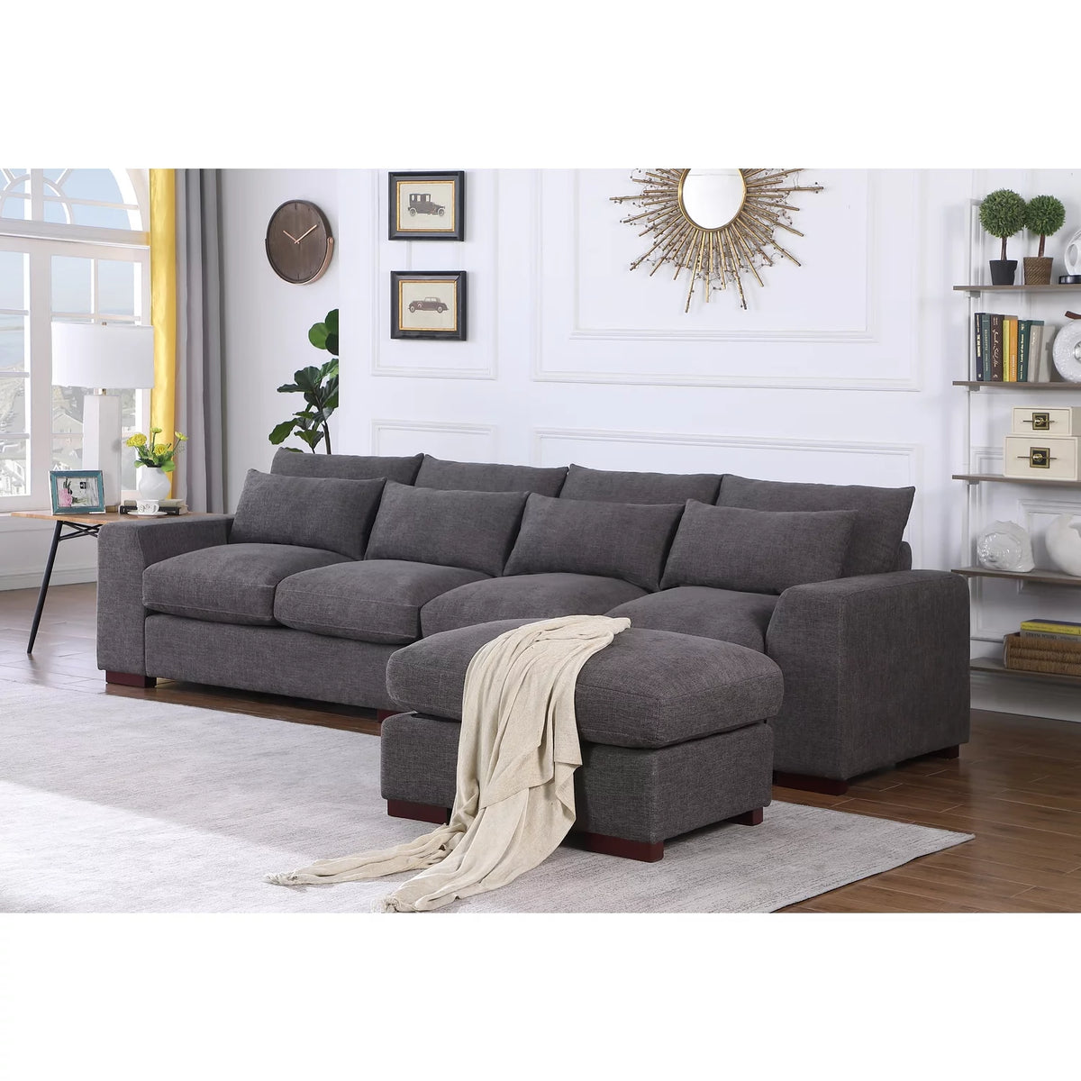 Dark Gray Fabric Modular Reversible Sectional Sofa & Ottoman T361