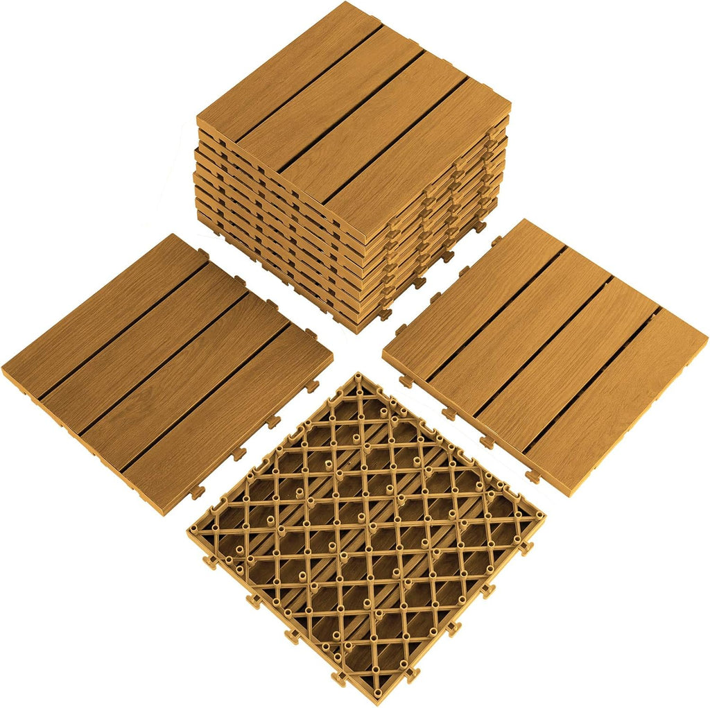 9PCS Aluminum Interlocking Deck Patio Tiles, 12” x 12” Wood Acacia J2064