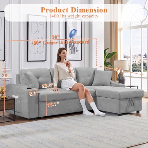 92" Reversible Sleeper Sectional Sofa with Storage Chaise, Light Gray Linen Fabric I28370