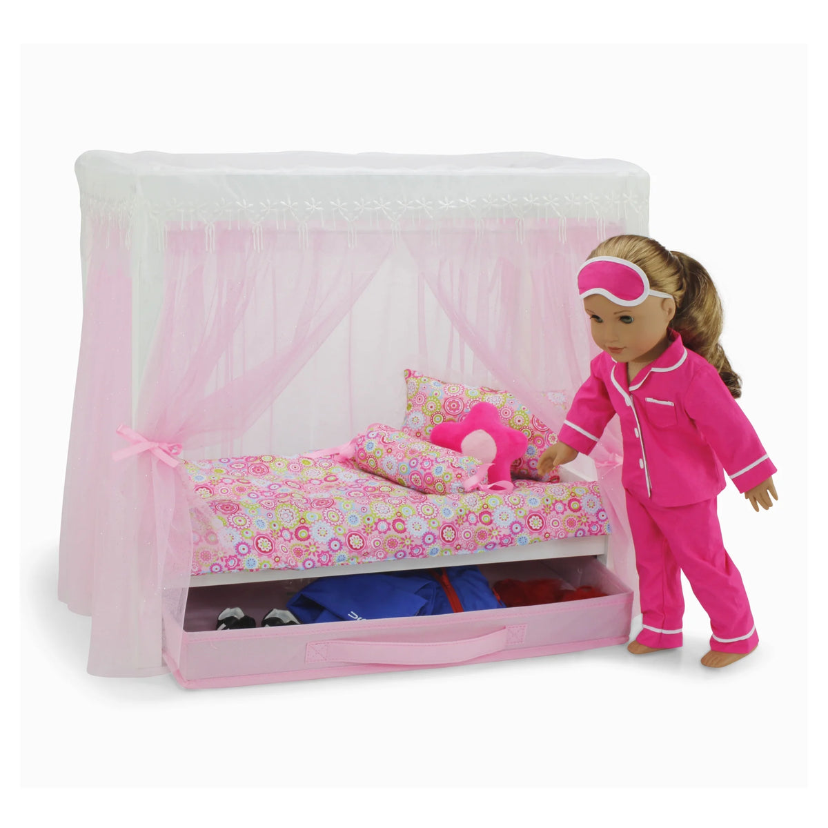 18 Inch Doll Canopy Single Bed with Doll Clothes Storage Drawer and 5 Piece Colorful Bedding Set W671960