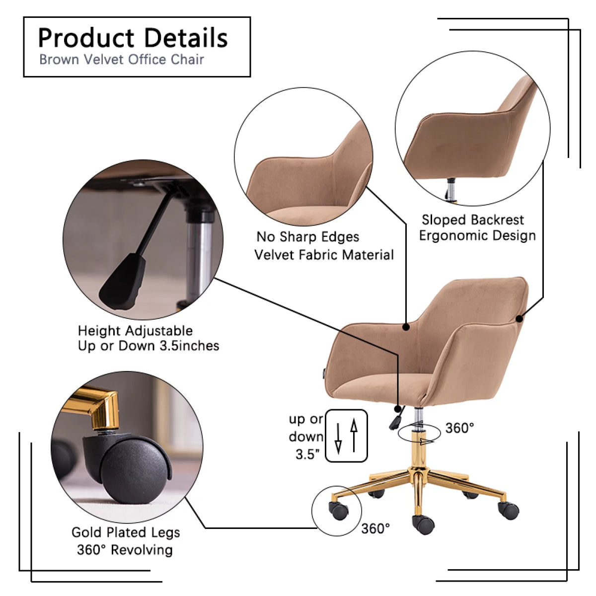 Velvet Adjustable Height Office Chair with Metal Legs and Wheels I5310