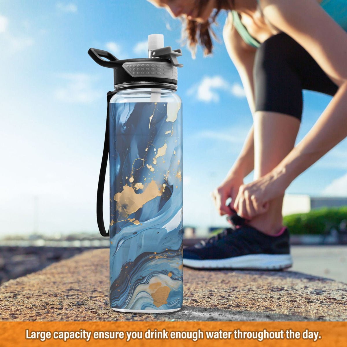 Marble Blue and Gold 32oz Tritan Leakproof Water Bottle with Straw Y246