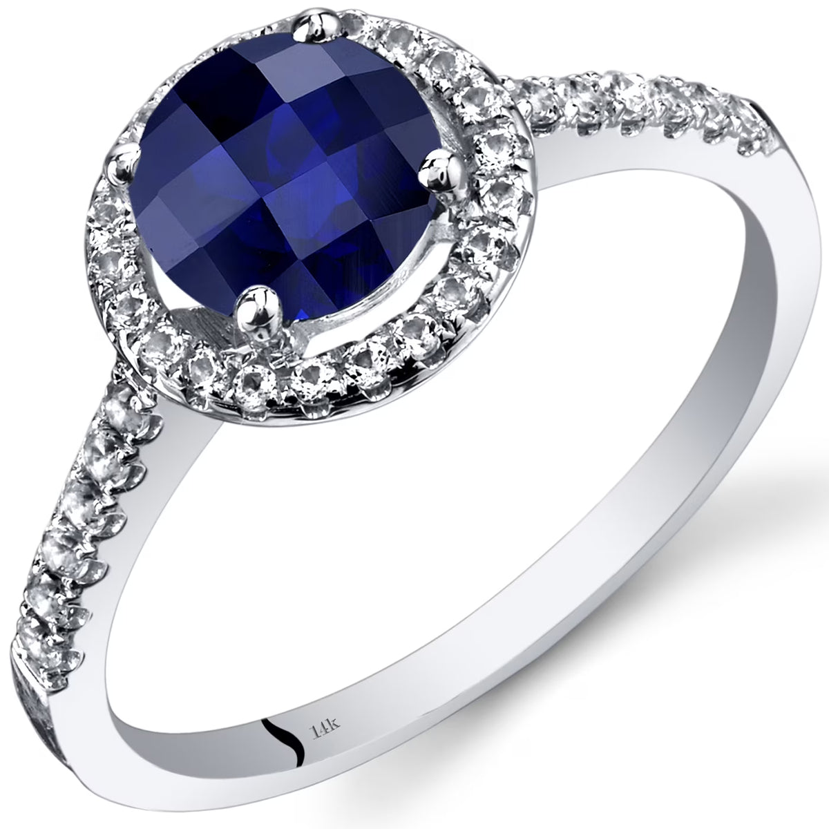 14K White Gold Created Blue Sapphire Halo Ring V3556