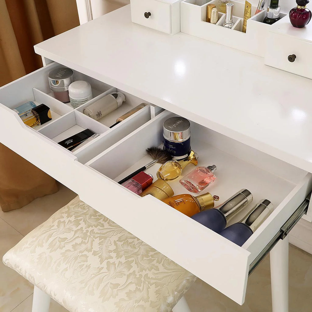 White Round Makeup Vanity Table with Lighted Mirror and Cushioned Stool H183605