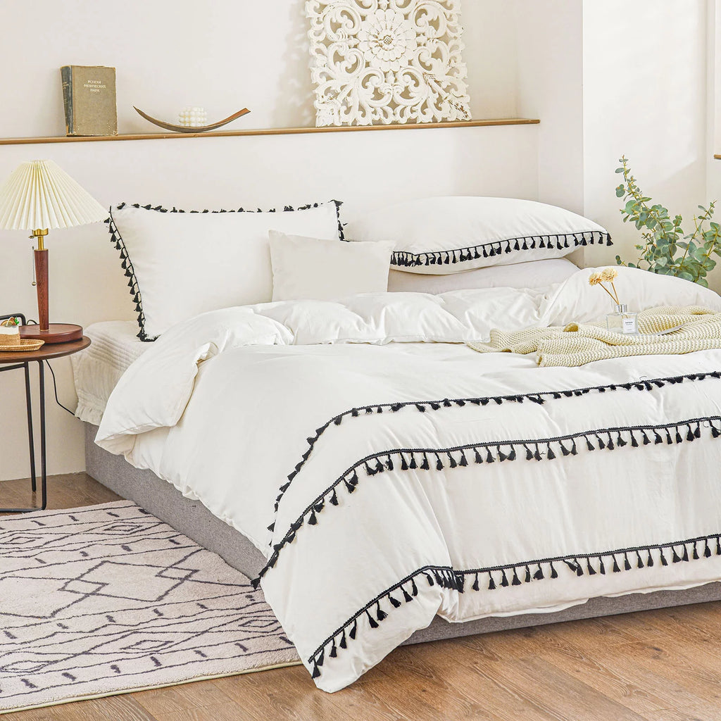 White Black Tassel King Duvet Cover Set P816773