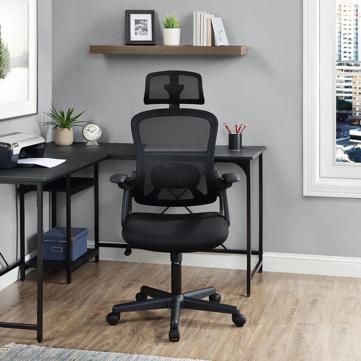 Black Fabric Ergonomic Office Chair with Adjustable Headrest U751342