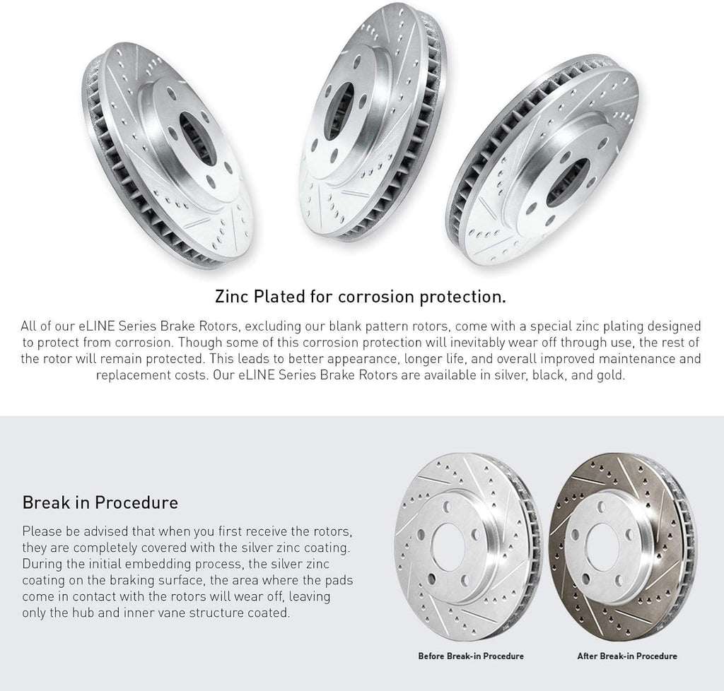 Front Rear Brake Rotors Drilled and Slotted Silver with Semi Metallic Brake Pads P81895