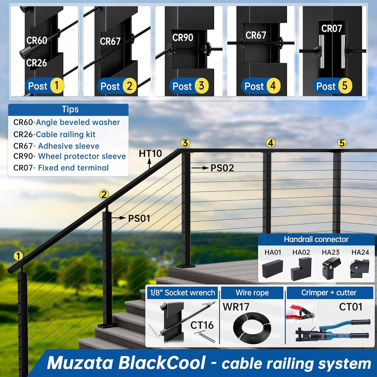 Black Invisible Cable Railing Kit 1/8 T316 Stainless Steel C6790