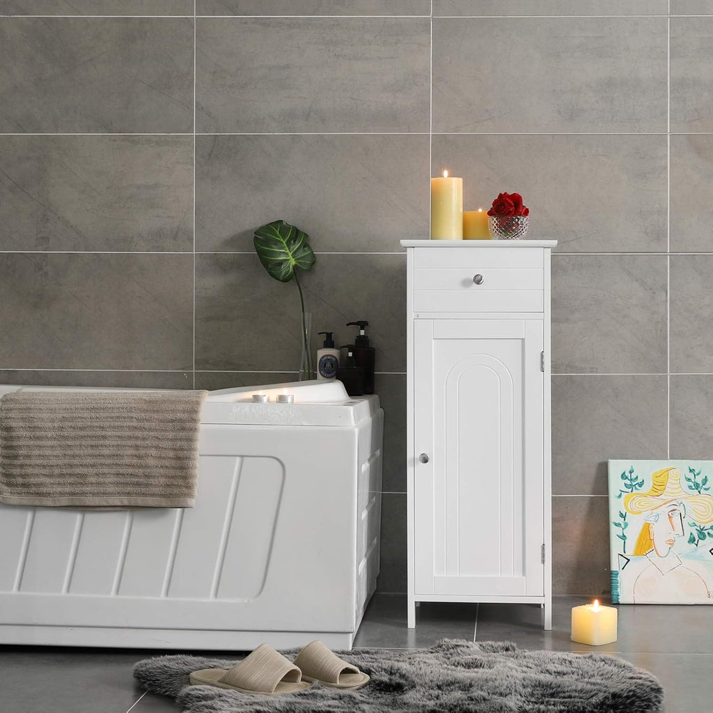 White Wooden Bathroom Floor Cabinet with Drawer and Adjustable Shelf Z4259