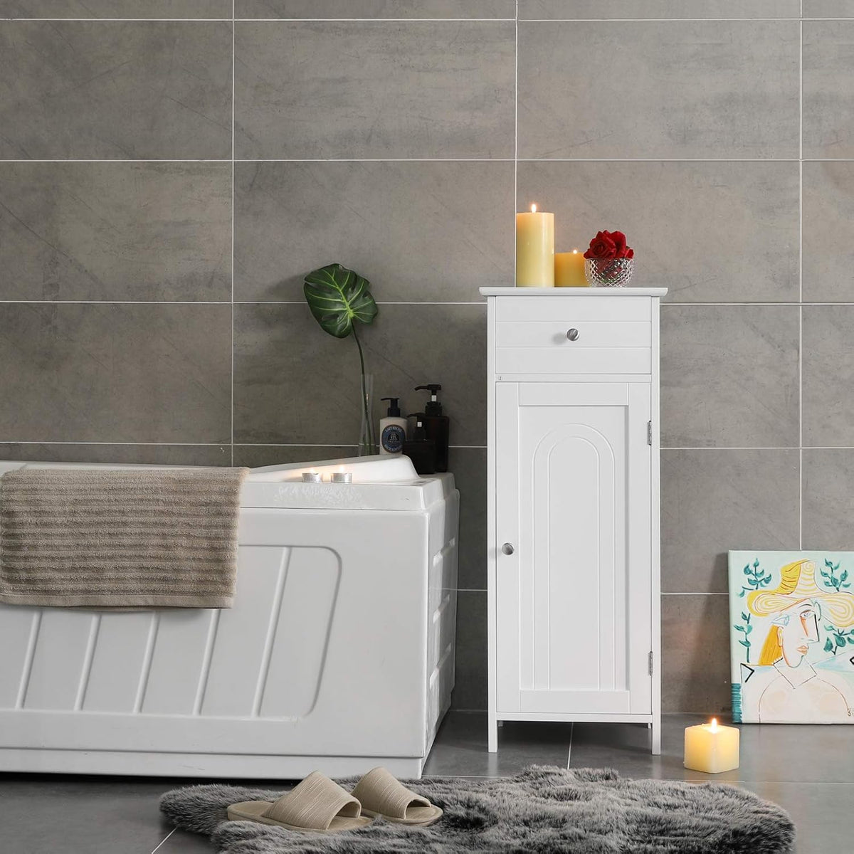 White Wooden Bathroom Floor Cabinet with Drawer and Adjustable Shelf Z4259