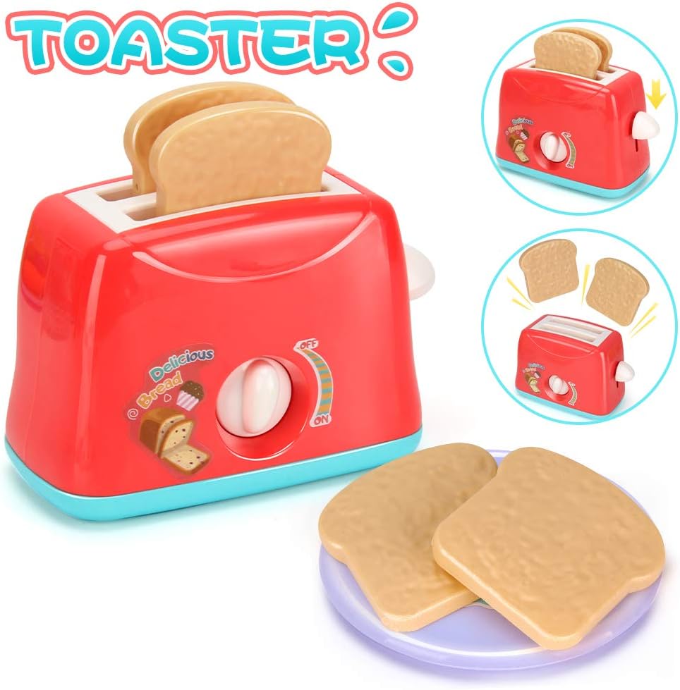 Kids Assorted Kitchen Appliance Toys, Pretend Kitchen Toy Set Includes Coffee Maker, Blender and Toaster, Cutting Play Food and Kitchen Utensils Accessories Q9317