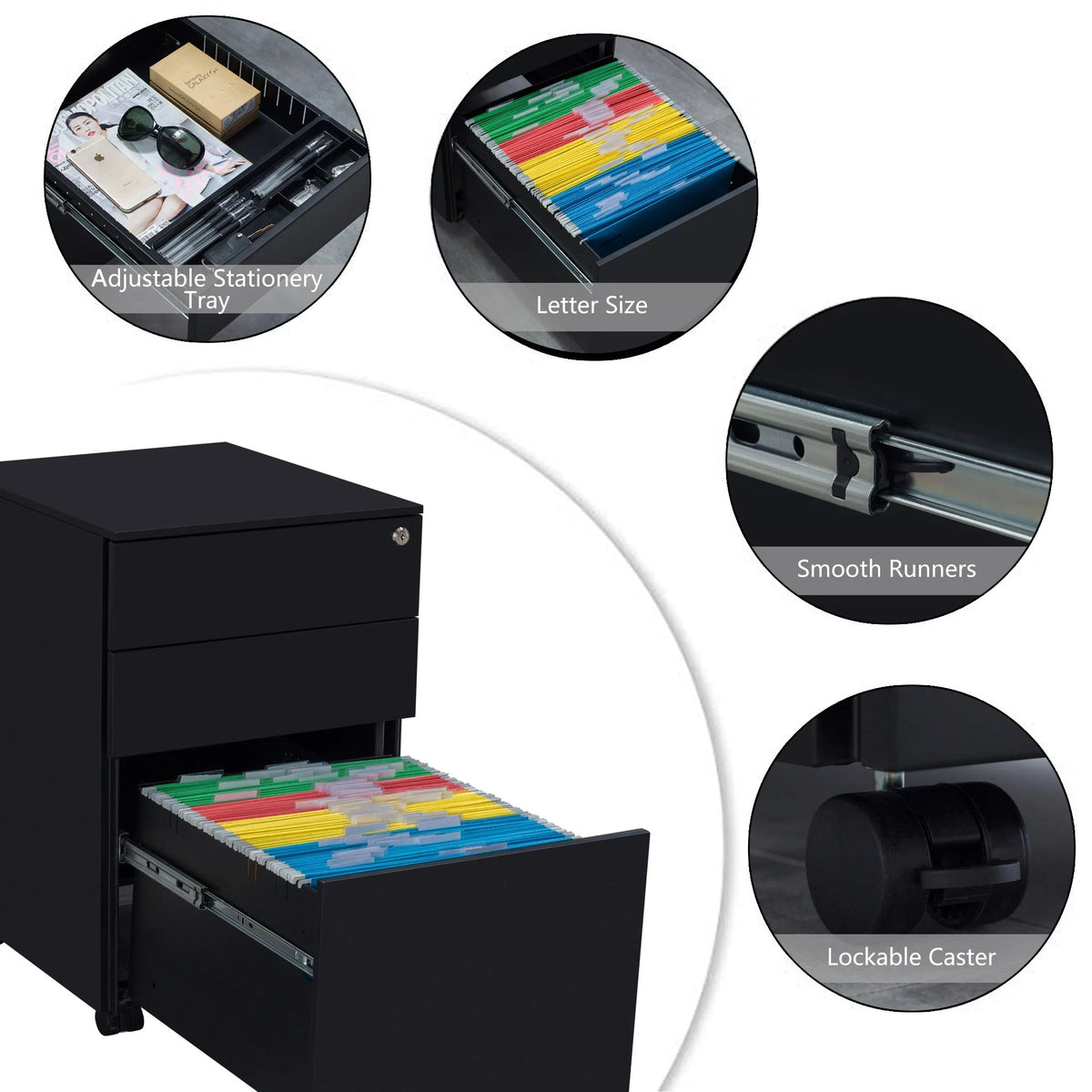 3 Drawer Black Mobile File Cabinet A754