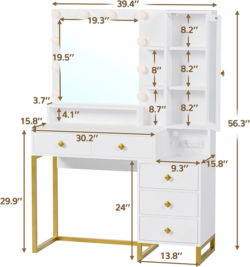 White Makeup Vanity with Lights and 5 Drawers F23083