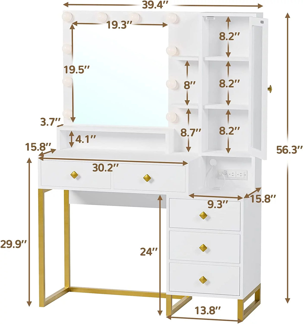 White Makeup Vanity with Lights and 5 Drawers F23083