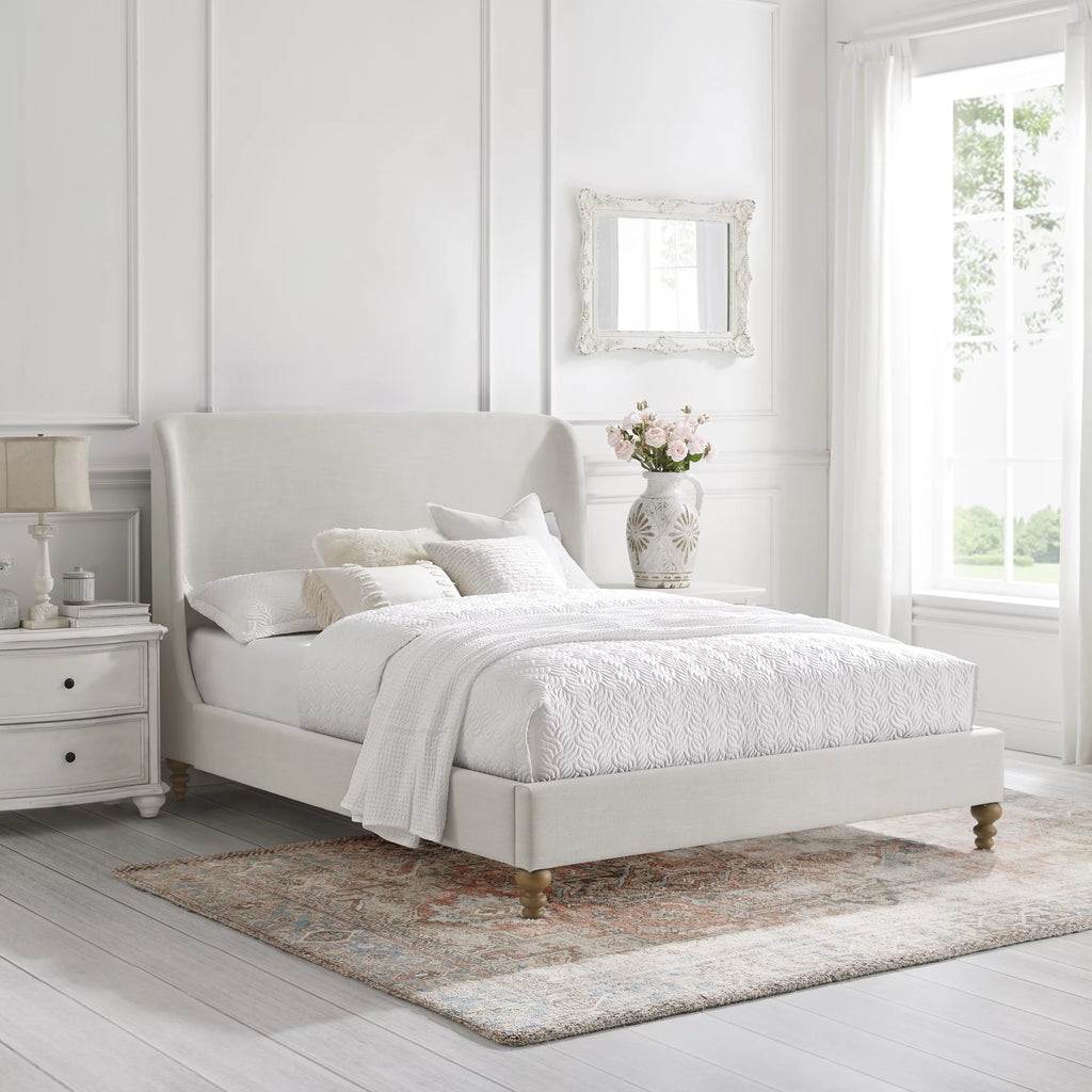 Cream White Tufted Linen Twin Size Bed Frame H31544