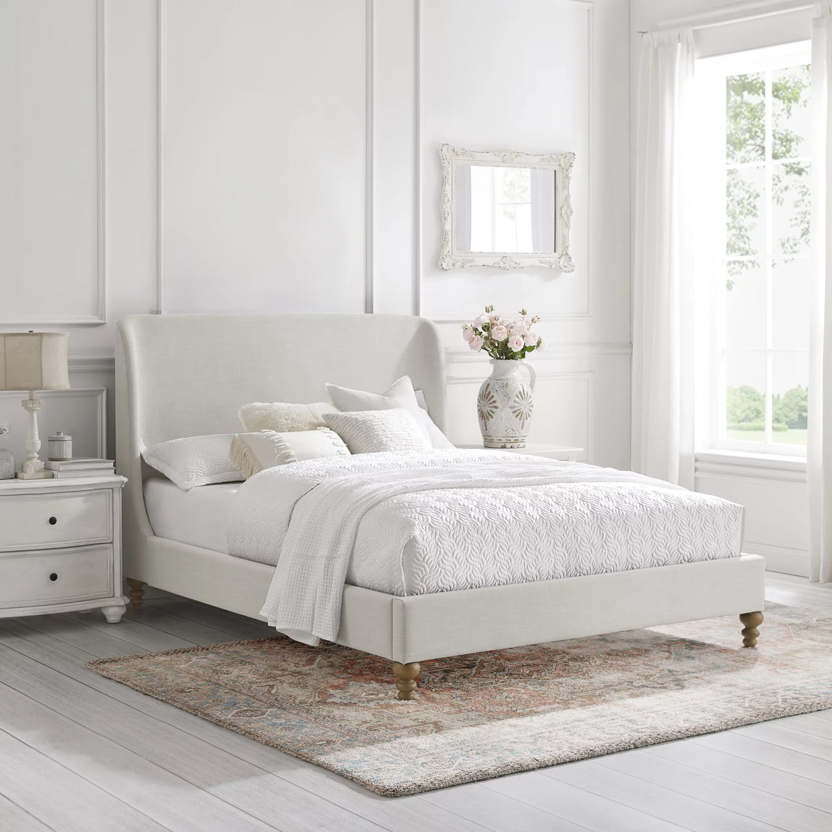 Cream White Tufted Linen Twin Size Bed Frame H31544