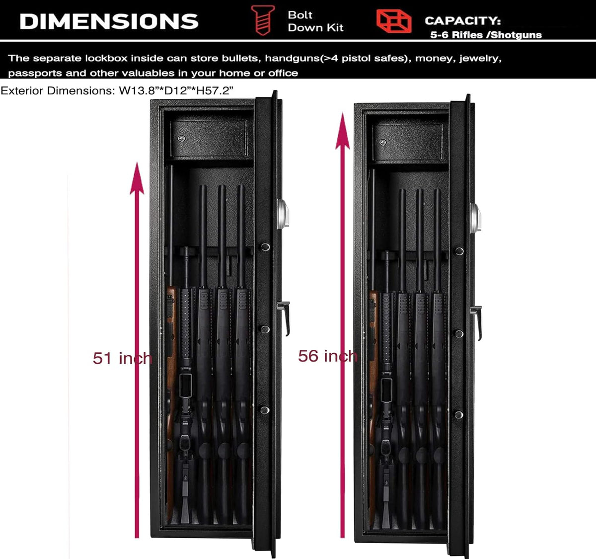 Large Rifle Safe Gun Cabinet with Pistol Lockbox K37627