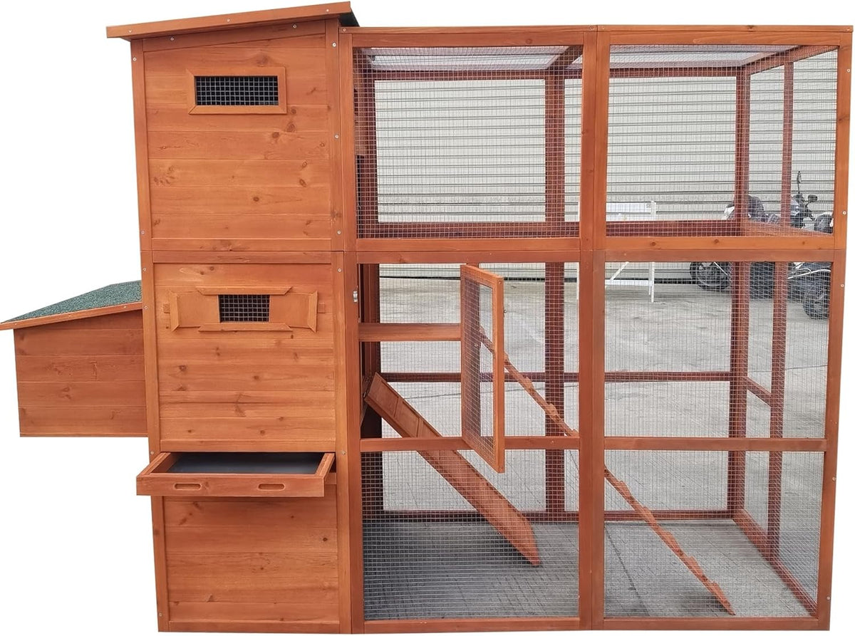 90.6" Wood Chicken Coop Hen House Nesting Box Run Cleaning Tray T50217