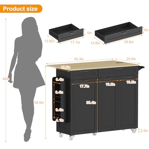 Rolling Kitchen Island with Power Outlet & Drop Leaf, Trash Storage Cabinet, Spice Rack & Towel Rack, Knife Holder B2008