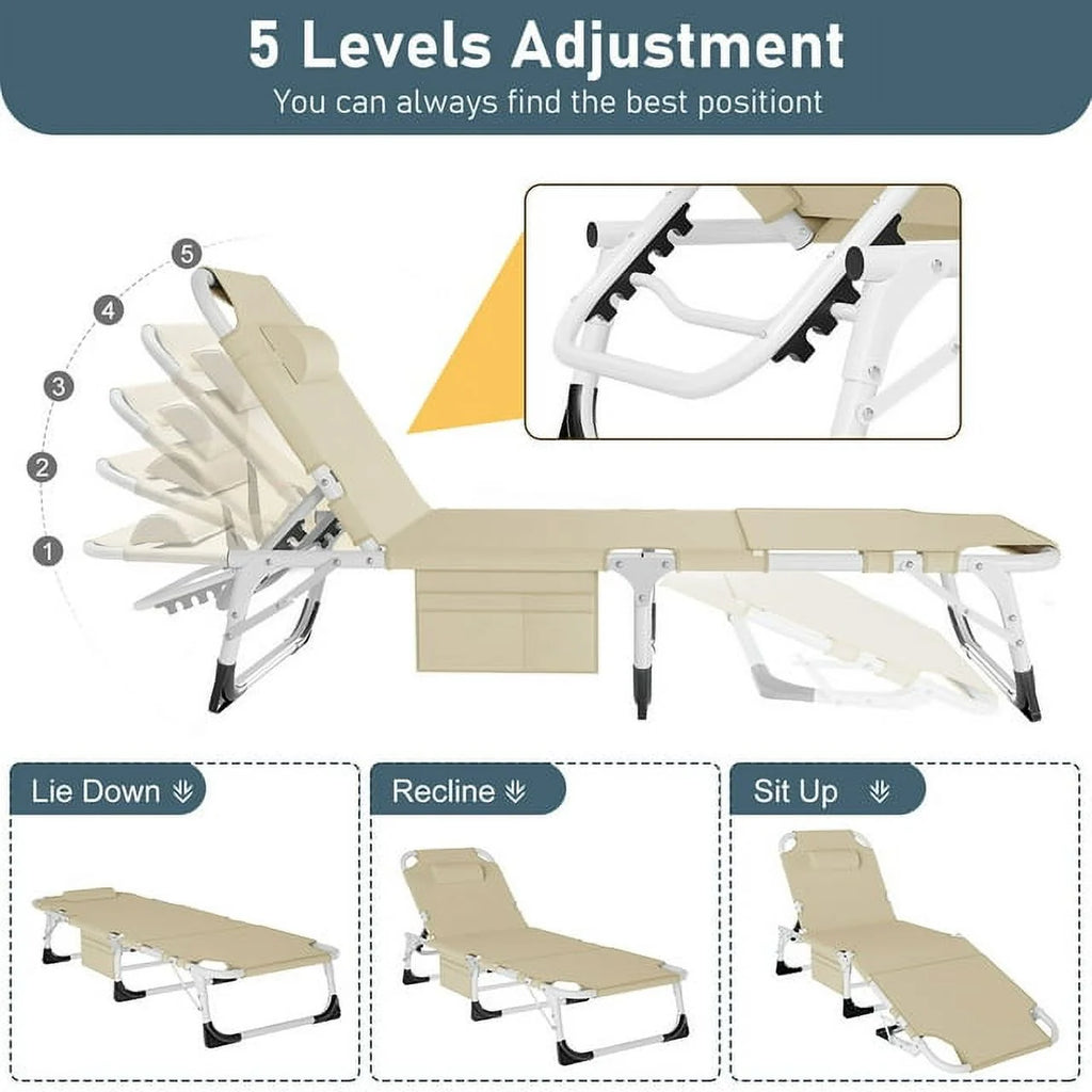 Heavy Duty Tanning Chair with Face & Arm Holes Adjustable 5-Position Folding Chaise Lounge Chair M556