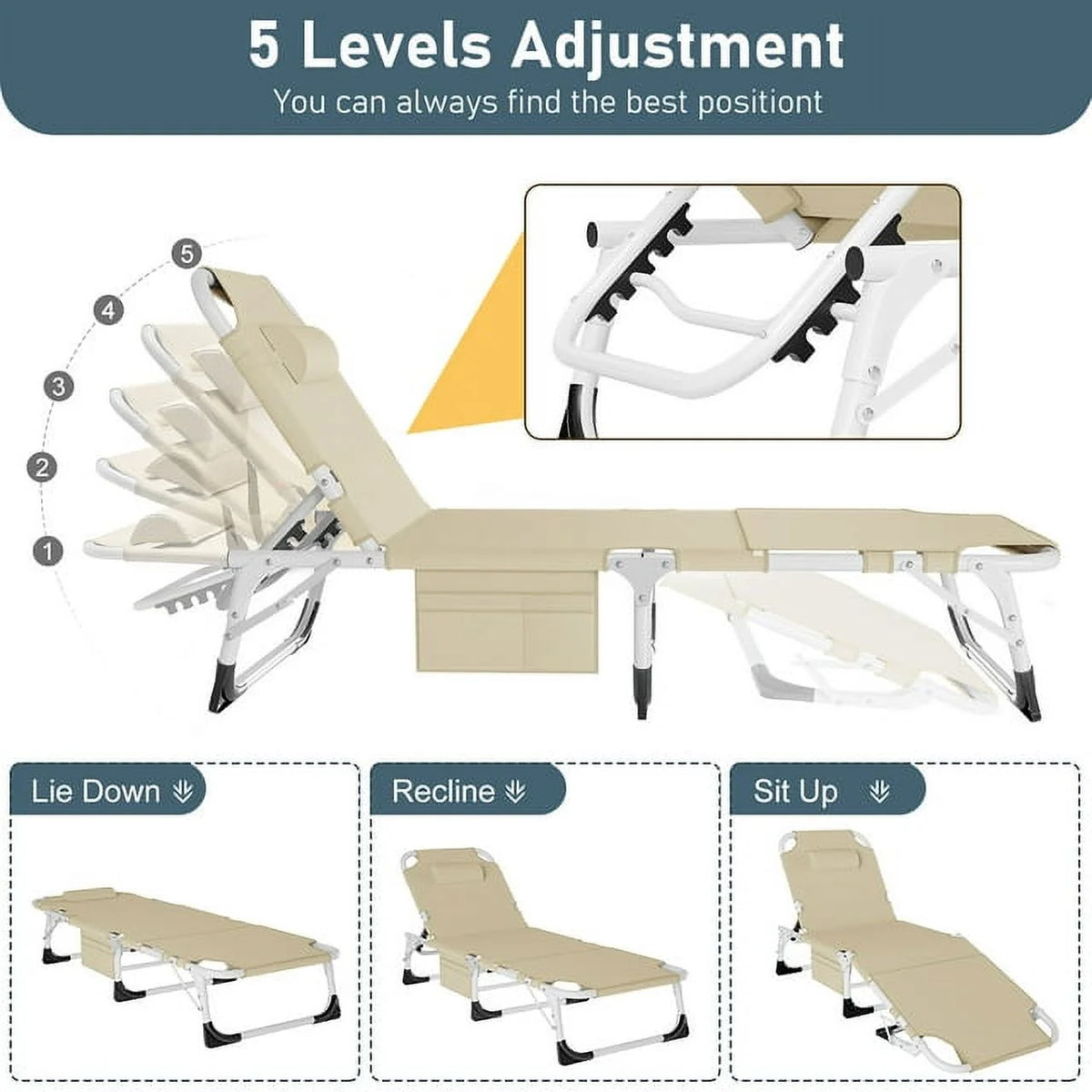 Heavy Duty Tanning Chair with Face & Arm Holes Adjustable 5-Position Folding Chaise Lounge Chair M556